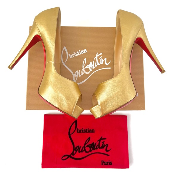 Christian Louboutin Shoes - CHRISTIAN LOUBOUTIN || Gold Peep Pump Hyper Prive 120 Platform Stiletto US 10.5